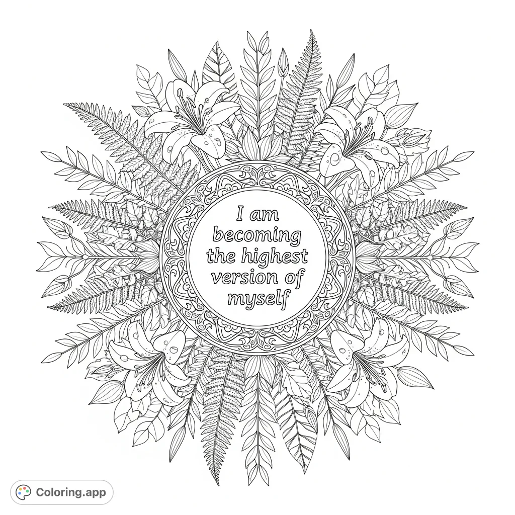 Discover self-growth with this intricate botanical coloring page. A central medallion with empowering words radiates amidst lush ferns and lilies, perfect for reflection.