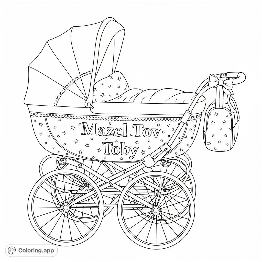 Celebrate a new arrival with this adorable baby stroller coloring page, featuring "Mazel Tov Toby" and intricate details perfect for personalization.
