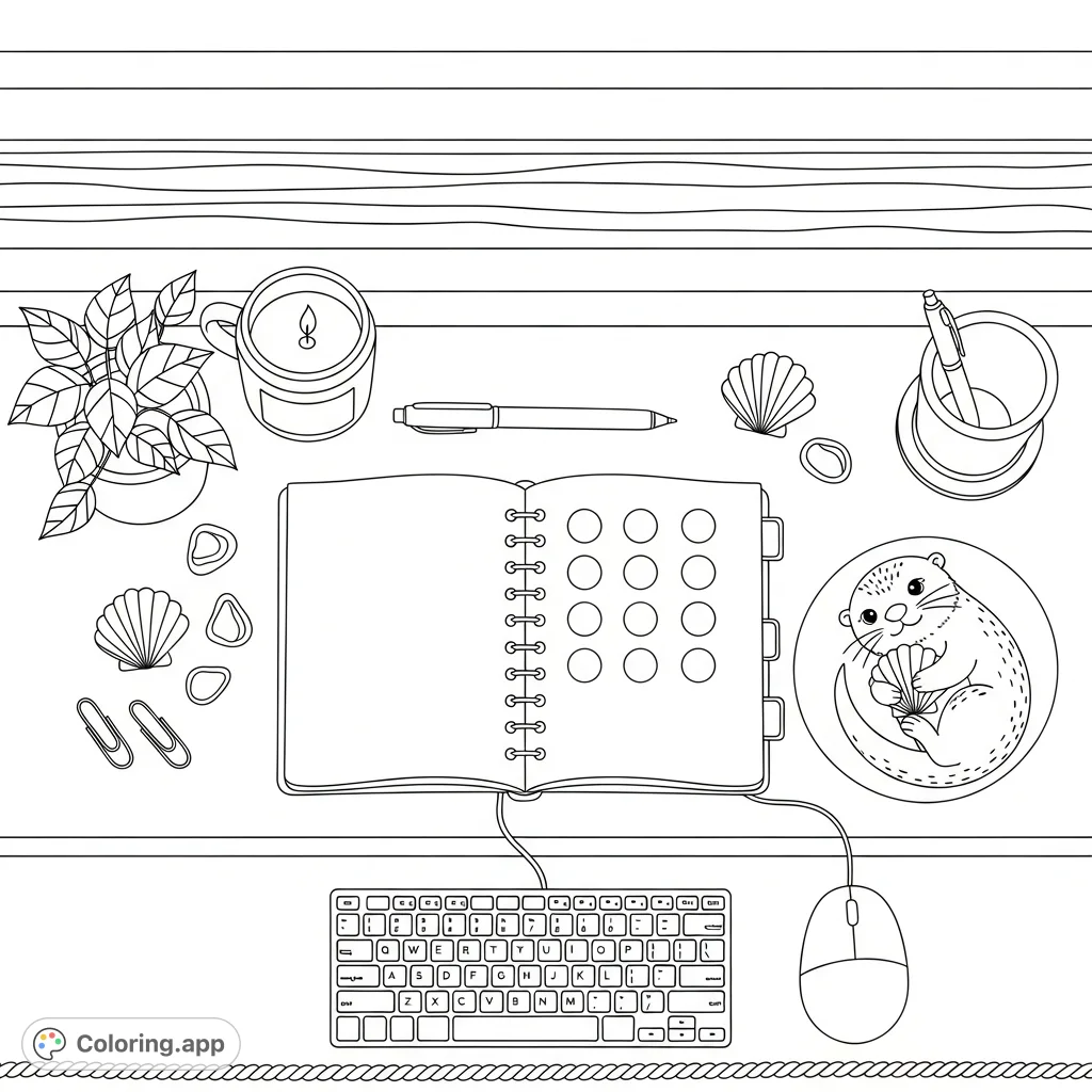 A serene desk flatlay featuring a cozy otter, a compact keyboard, a notebook, and a peaceful ocean view from a window. Perfect for a relaxing coloring experience.