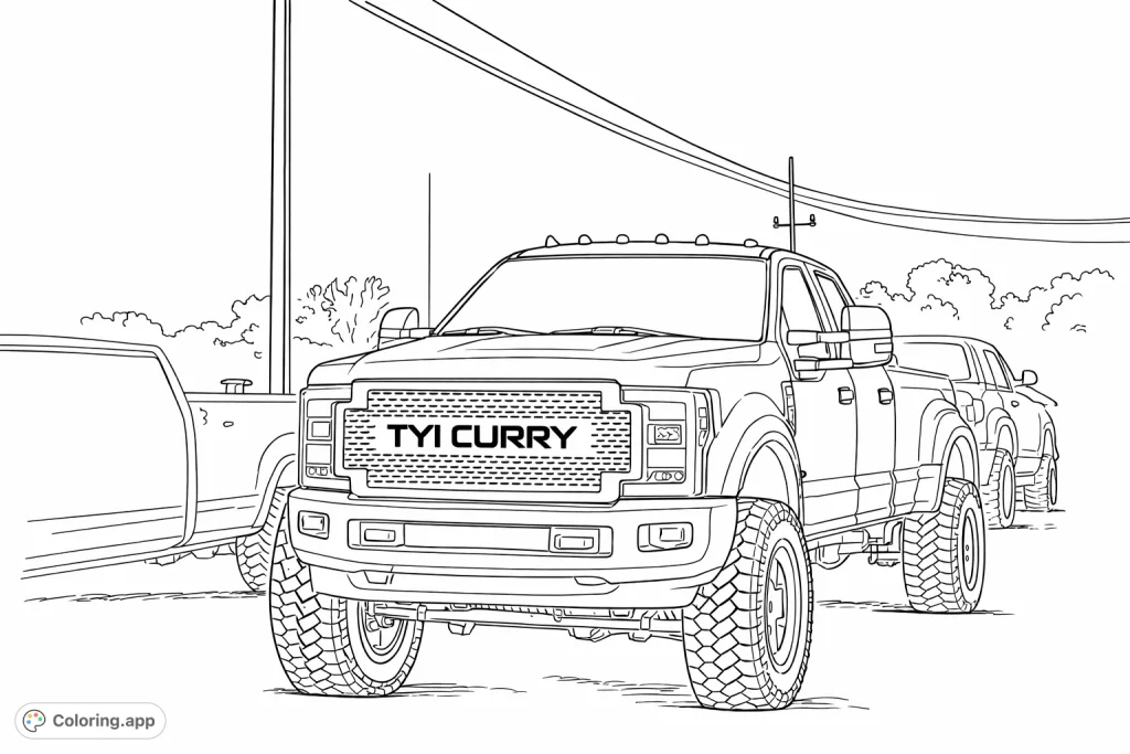 A formidable lifted dually pickup truck with custom features stands prominently, flanked by other vehicles and utility lines.