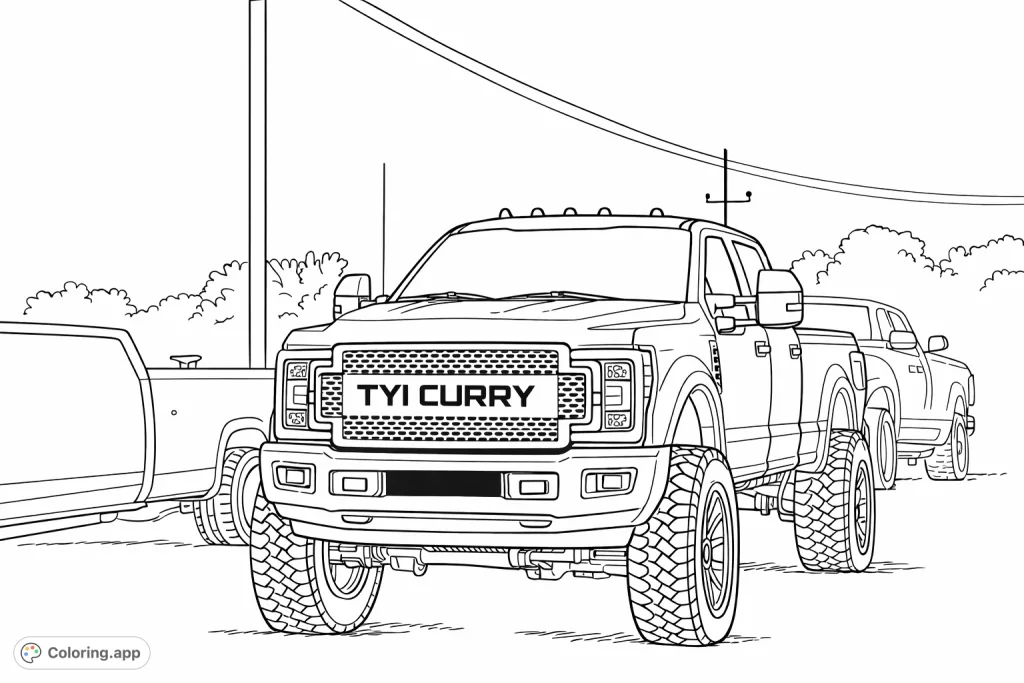 Explore this detailed Dually pickup truck coloring page, featuring aggressive tires, a prominent grille, and a bustling road scene, perfect for vehicle enthusiasts.