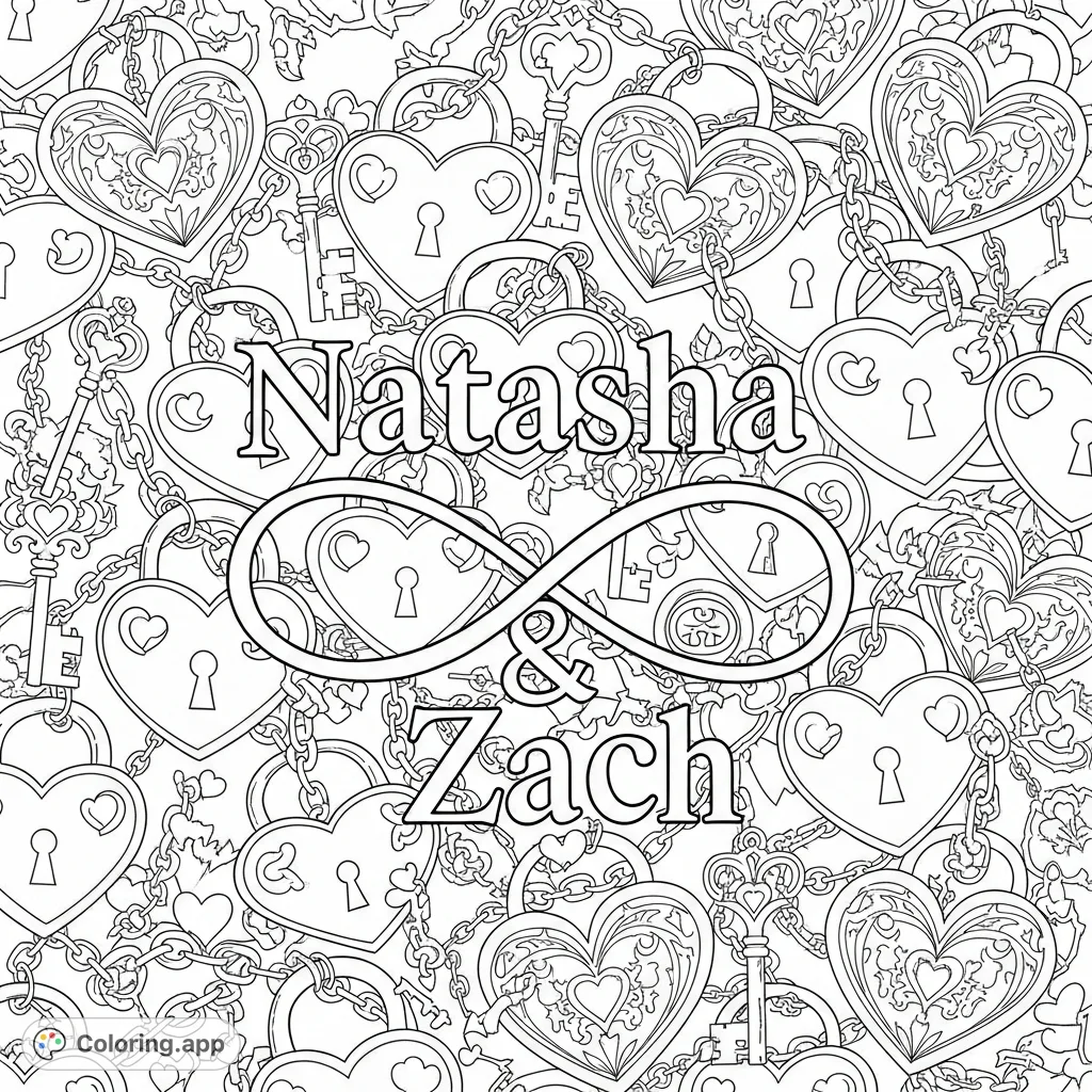 Discover a detailed 'Natasha' and 'Zach' intertwined names coloring page, featuring an infinity symbol amidst a dense tapestry of heart-shaped locks, keys, and Gothic patterns. A free printable coloring page for adults.