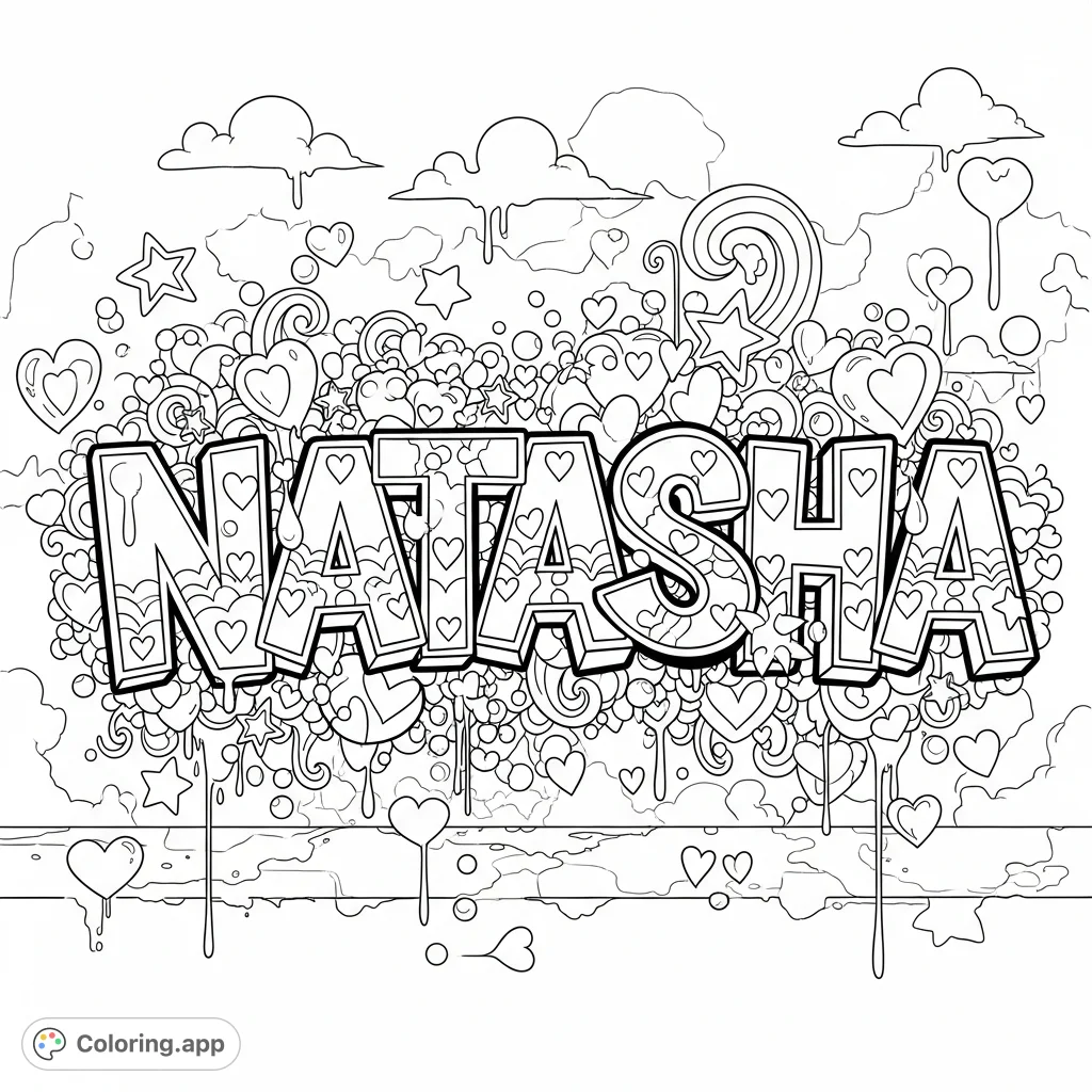 A dynamic graffiti-style "Natasha" coloring page, featuring intricate letters, hearts, stars, drips, and swirls against an urban wall texture.