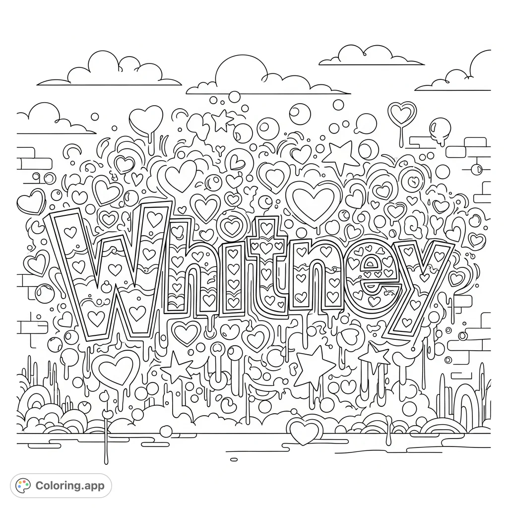 Unleash creativity with this intricate 'Whitney' graffiti coloring page, featuring dynamic letters, urban textures, hearts, stars, and abstract elements.