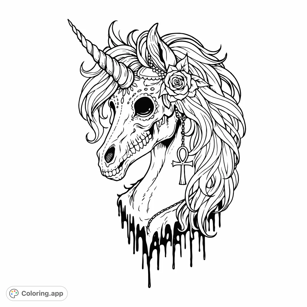 Unleash your creativity with this unique gothic sugar skull unicorn coloring page, featuring intricate patterns, a flowing mane, and mystical details.