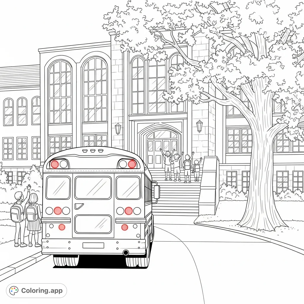 A heartwarming school bus coloring page depicting children waving goodbye from a grand school campus with an oak tree and architectural details.