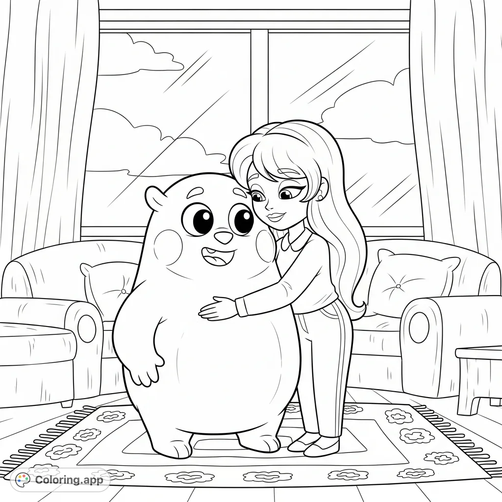 A heartwarming Booby and Shena coloring page depicting the two beloved characters in a tender embrace within a charming, cozy room. Perfect for fans of sweet, affectionate scenes.