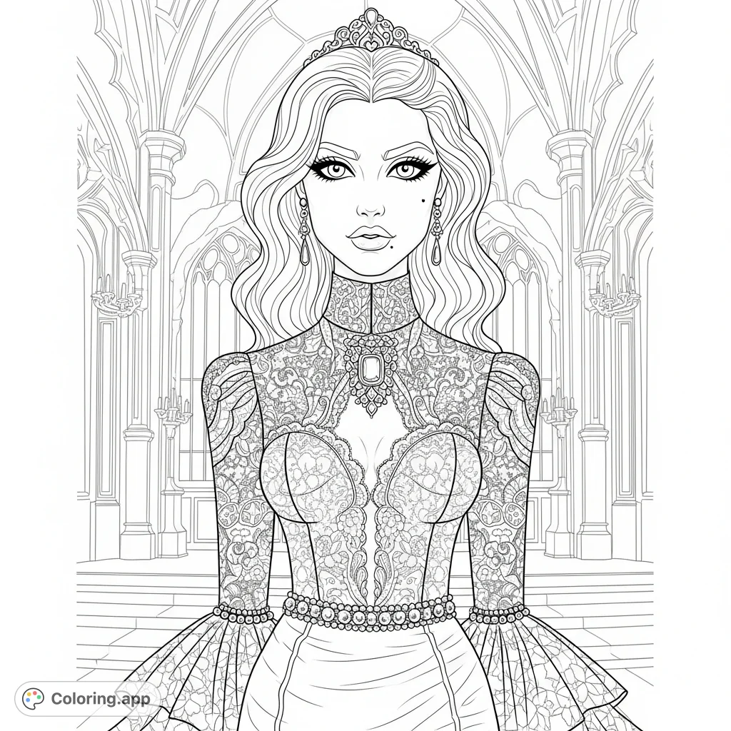 Discover a stunning gothic chic portrait of a woman in an exquisite lace and leather gown within an ornate ballroom, exuding enigmatic allure.