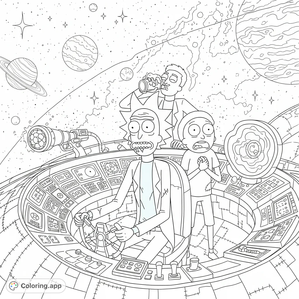 Join Rick and Morty on a wild space adventure with a new companion, portal gun ready for action. A free printable Rick and Morty coloring page for adults.