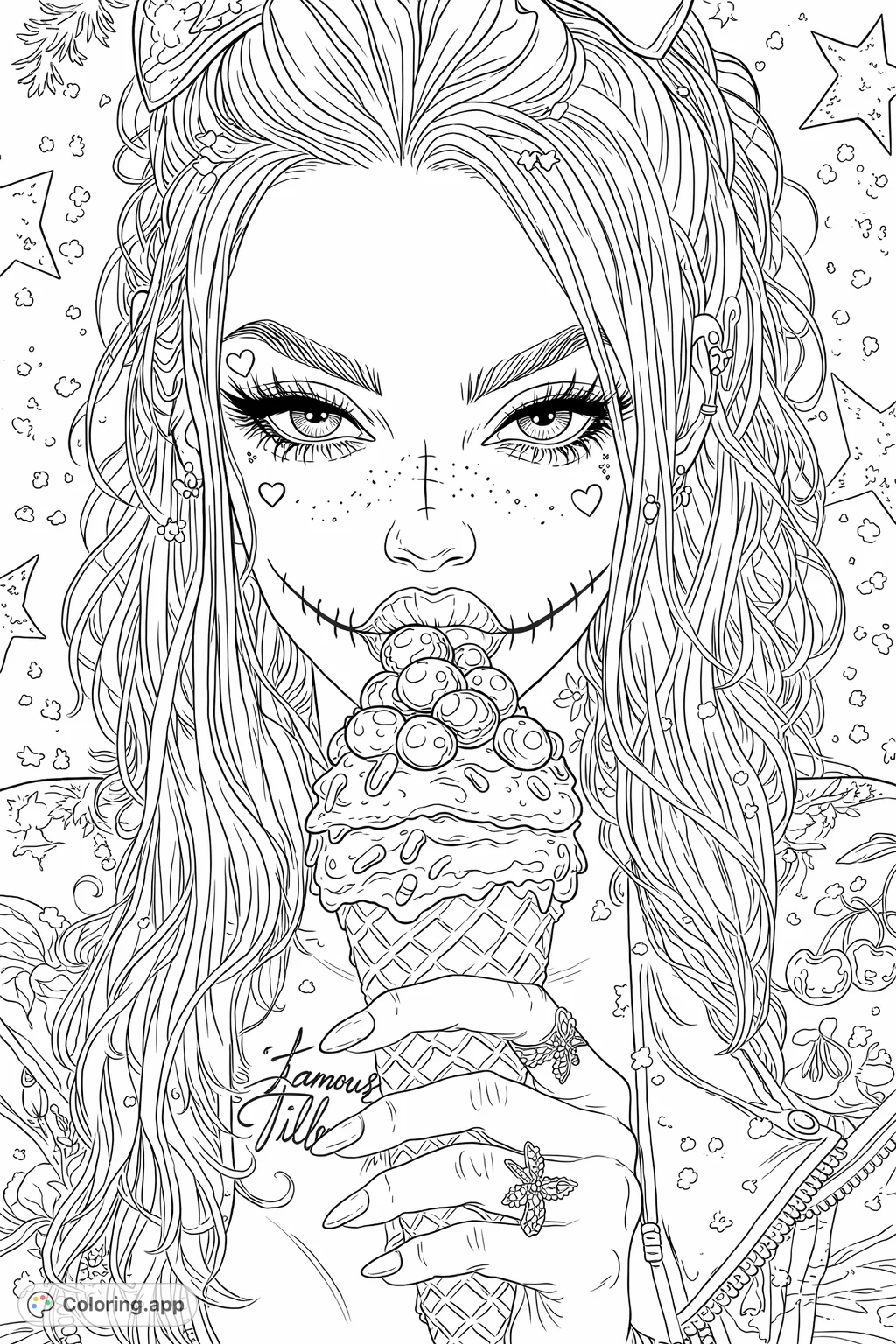 A captivating character with unique hair and tattoos enjoys a delicious ice cream cone topped with cherries, set against a whimsical, sparkling backdrop.