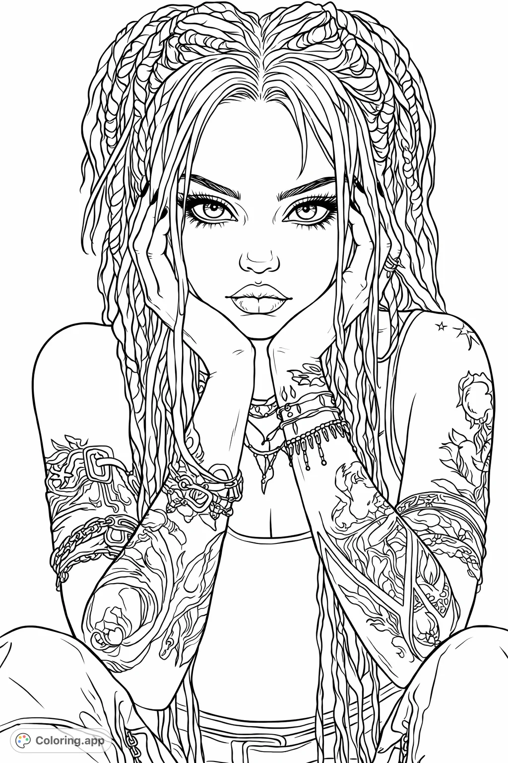 Captivating portrait of a woman with braided hair and intricate tattoos. Her intense gaze and detailed accessories offer a unique coloring experience.