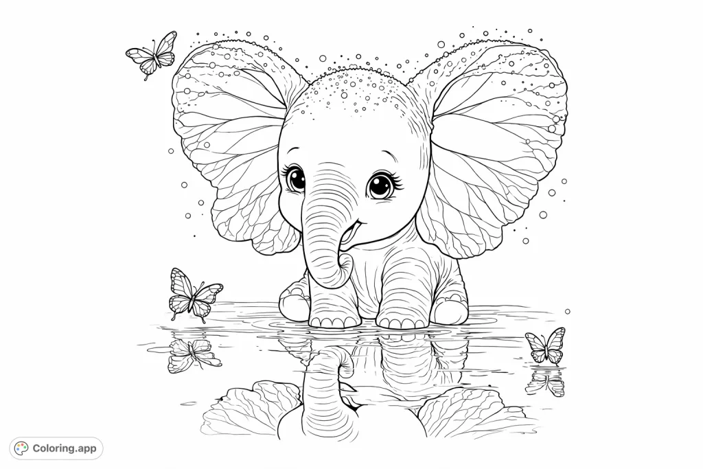 A charming coloring page featuring a cute, sparkling elephant with butterfly-like ears, surrounded by delicate butterflies and gentle reflections on water.