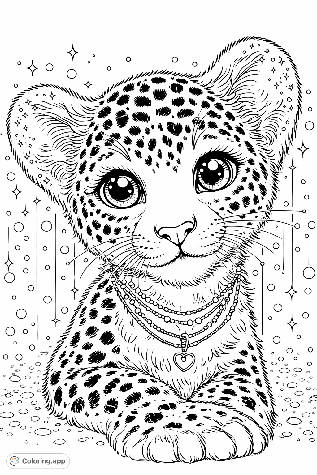 Color a charming feline cub with intricate spots and sparkling jewelry against a shimmering background. A magical animal adventure!