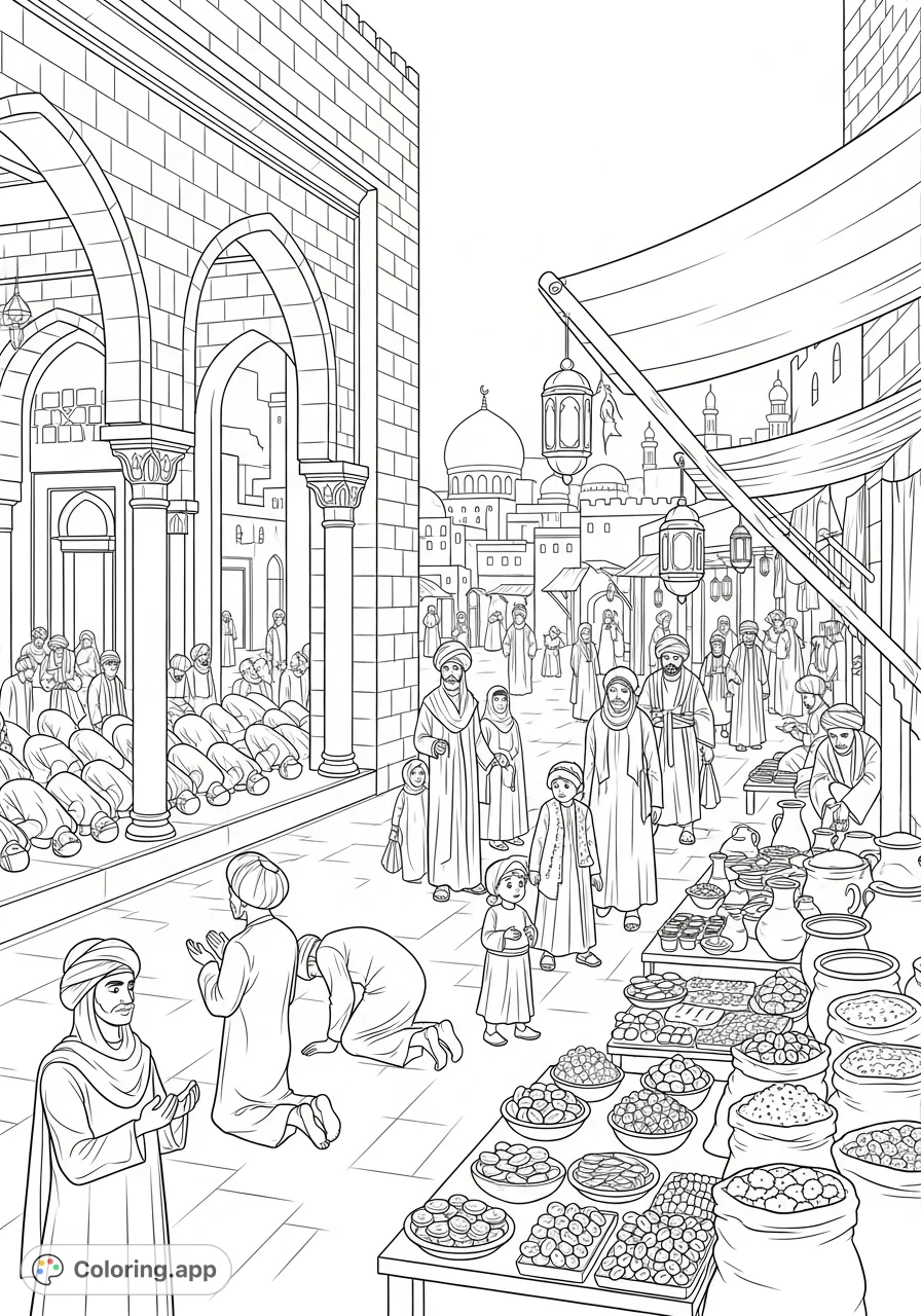 Journey to Umayyad Madina! Discover Muslims praying in the grand Madina Mosque and celebrating Ramadan in a lively, detailed souq, rich with history.