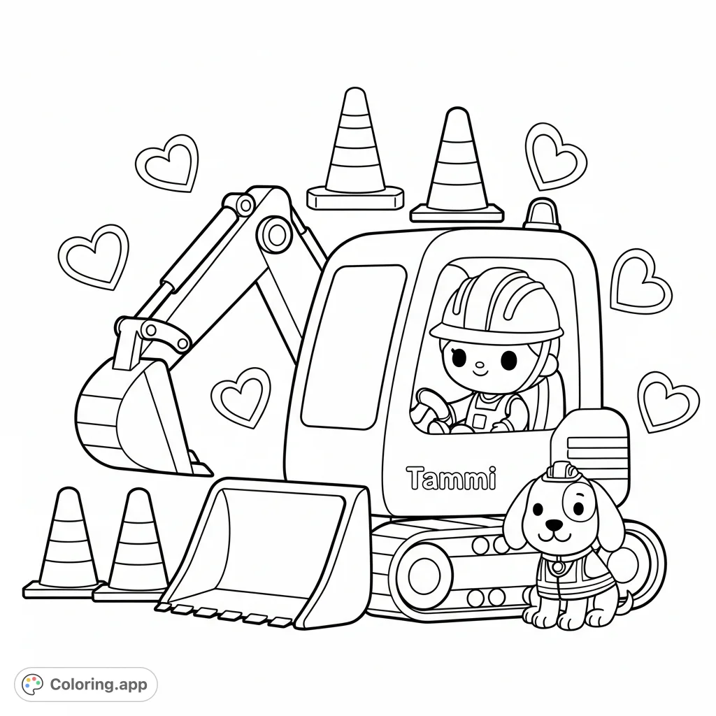 Tammi, wearing a hard hat, operates a cute excavator as Lambeau, a floppy-eared dog in a safety vest, "helps" amidst simple cones and hearts.