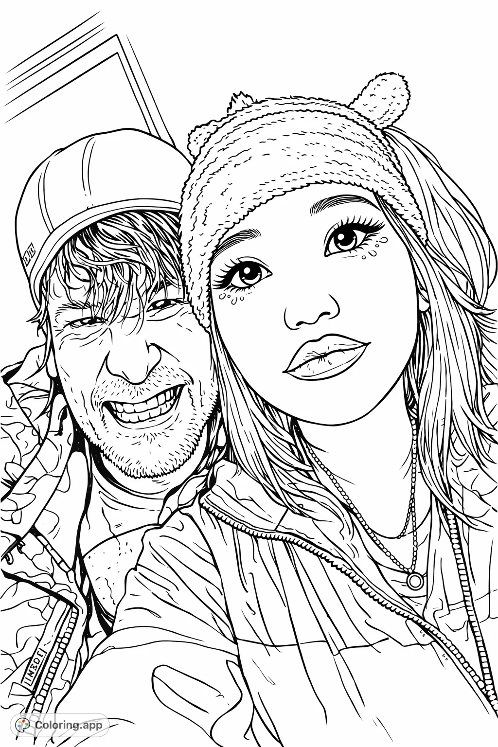 Capture a heartwarming moment with this detailed close-up of a smiling couple. Features intricate facial details, stylish winter wear, and a cozy backdrop.