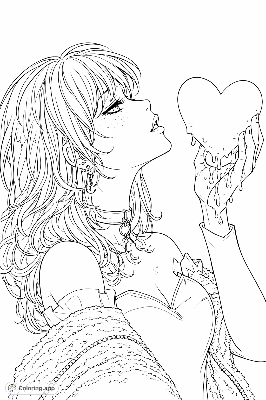 A striking gothic portrait of a woman holding a melting heart, framed by flowing hair and a detailed choker. An expressive coloring challenge.