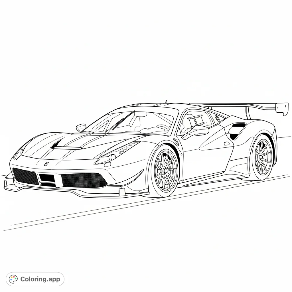 An exciting Ferrari 499P race car coloring page in a dynamic three-quarters view, ready for personalization. Perfect for auto enthusiasts to bring this iconic racer to life.