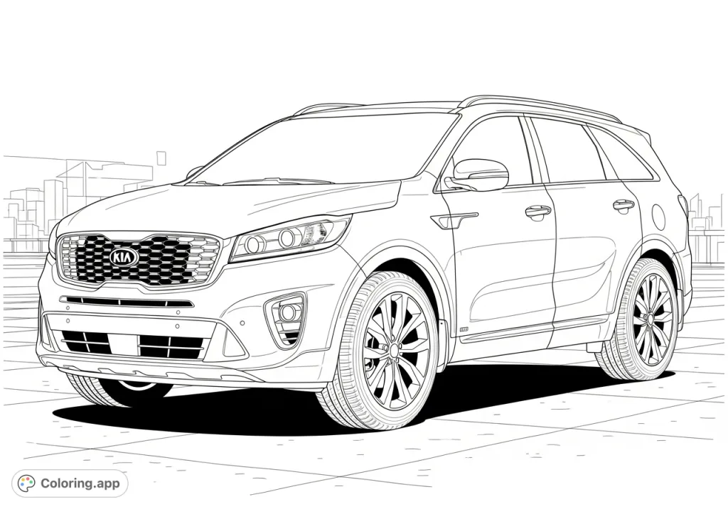 Discover the sleek design of the Kia Sorrento SUV. A detailed vehicle coloring page perfect for car enthusiasts to customize with unique finishes and patterns.