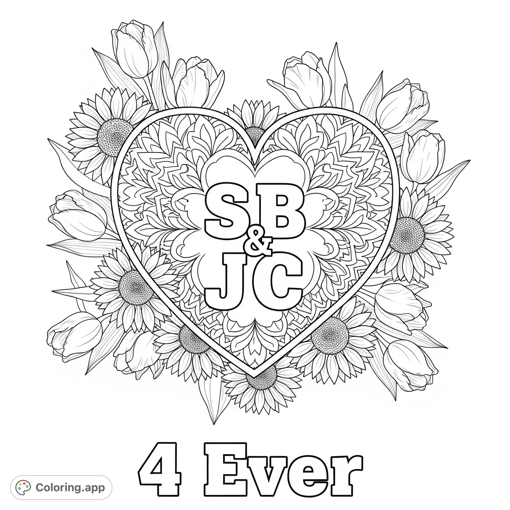 A beautiful mandala heart featuring initials 'SB' and 'JC' with '4 Ever' underneath, adorned with sunflowers and tulips for a heartfelt coloring experience.