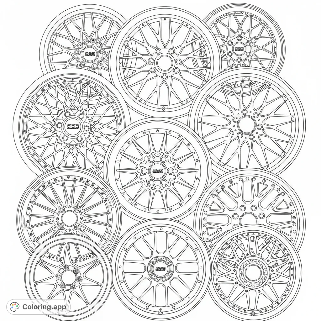 Explore an impressive collection of detailed BBS-style automotive rims arranged vertically. Perfect for car enthusiasts to color and customize.