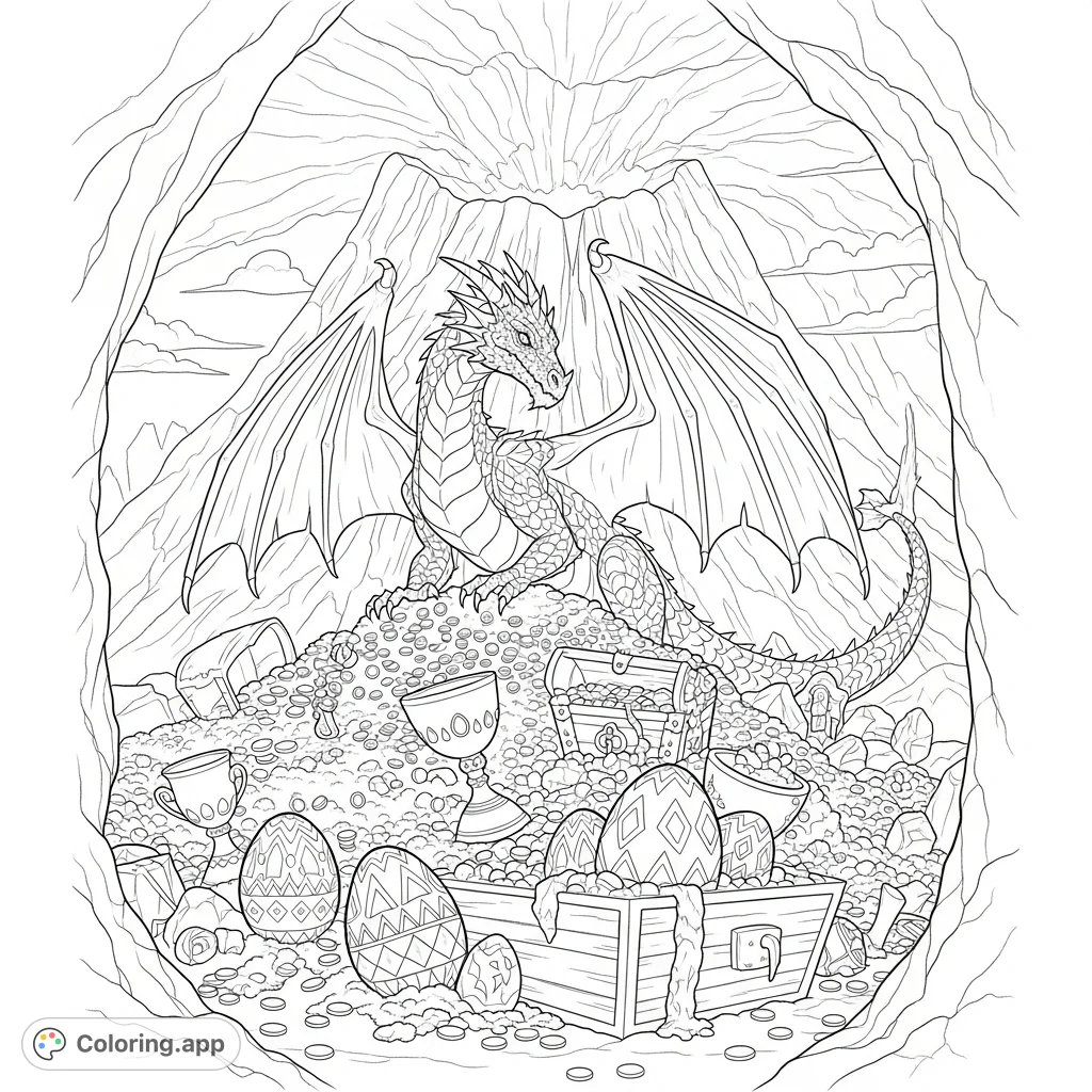 A powerful dragon fiercely guards its massive treasure hoard and precious dragon eggs deep within a rugged volcanic lair, an epic fantasy scene.