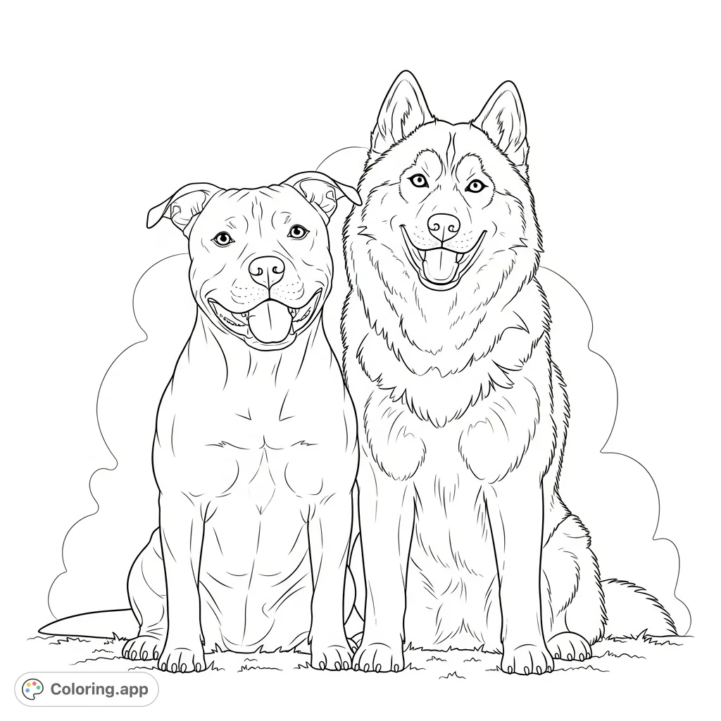 A heartwarming free printable pitbull and husky coloring page featuring two smiling dogs sitting together, perfect for animal lovers of all ages.