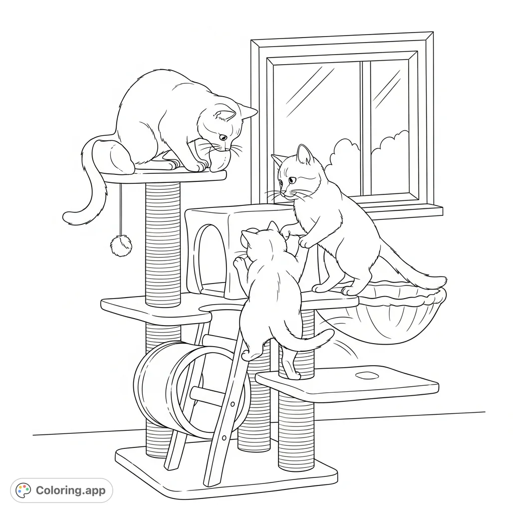 Two adorable cats joyfully playing on a multi-level cat tree, featuring playful poses and a cozy setup. Perfect for cat lovers to color!