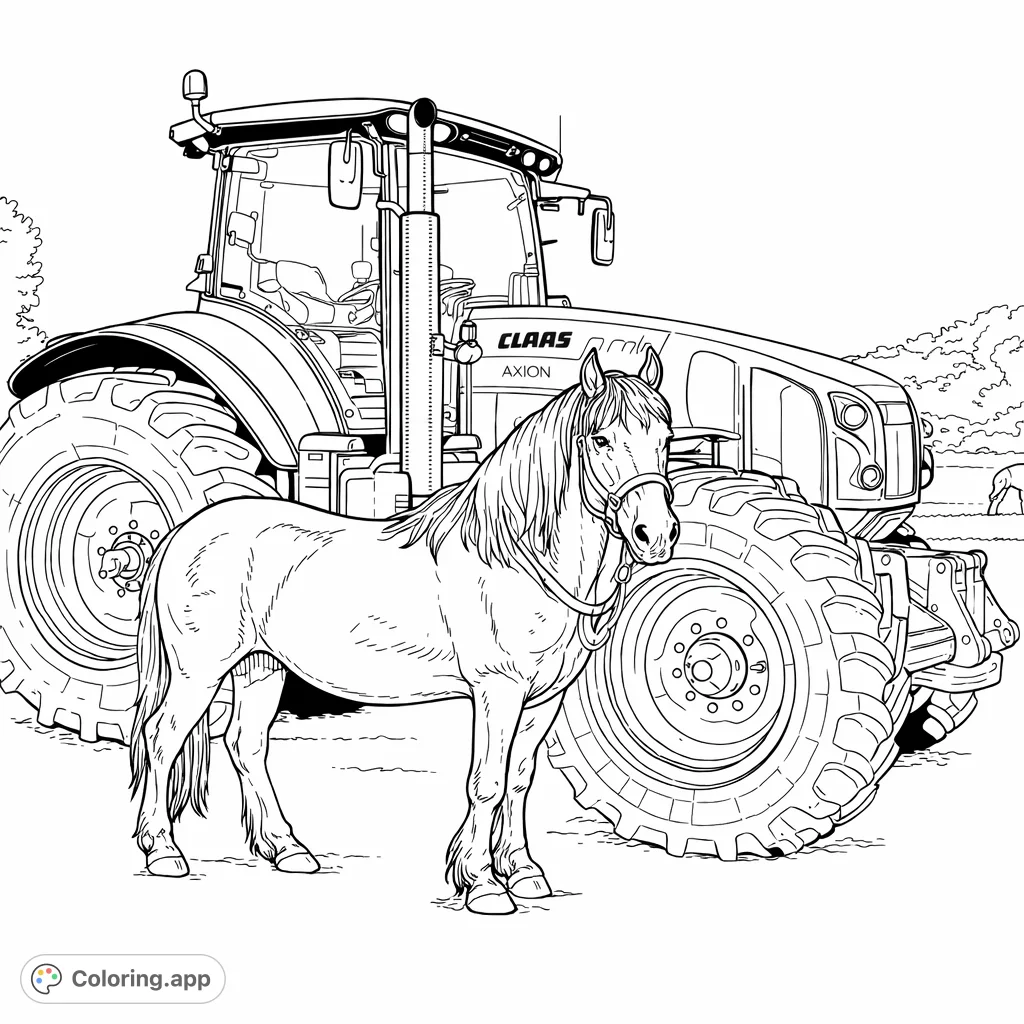 An endearing scene featuring a majestic horse standing proudly in front of a powerful farm tractor, perfect for a detailed and engaging coloring experience.
