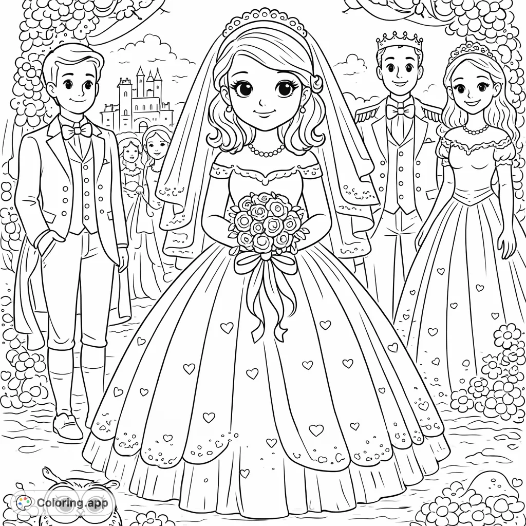 A delightful fairy tale wedding scene with a beautiful bride, groom, king, and queen. Perfect for kids who dream of royal ceremonies and happy endings.