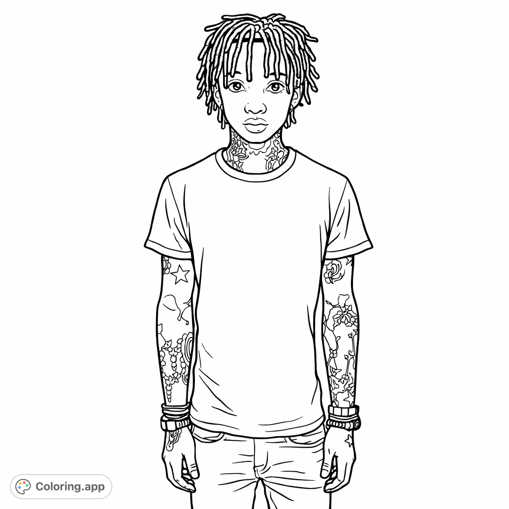 Color a striking portrait featuring a person with intricate dreadlocks, extensive arm, neck, and facial tattoos. A unique canvas for creative expression.