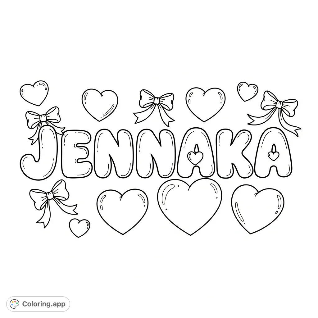A charming Jennaka coloring page featuring the name in playful bubble letters, adorned with whimsical hearts and elegant bows. Perfect for personalization.