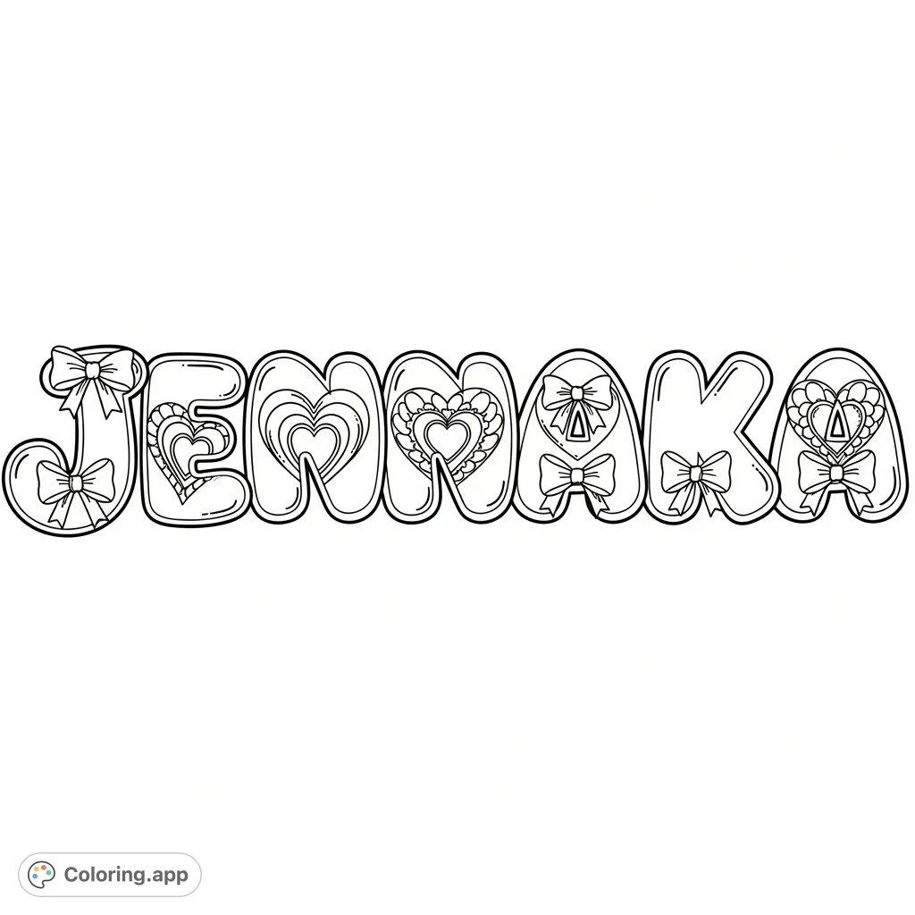 Color the name Jennaka in fun bubble letters, featuring sweet hearts and charming bows nestled inside each letter for a personalized artistic touch.