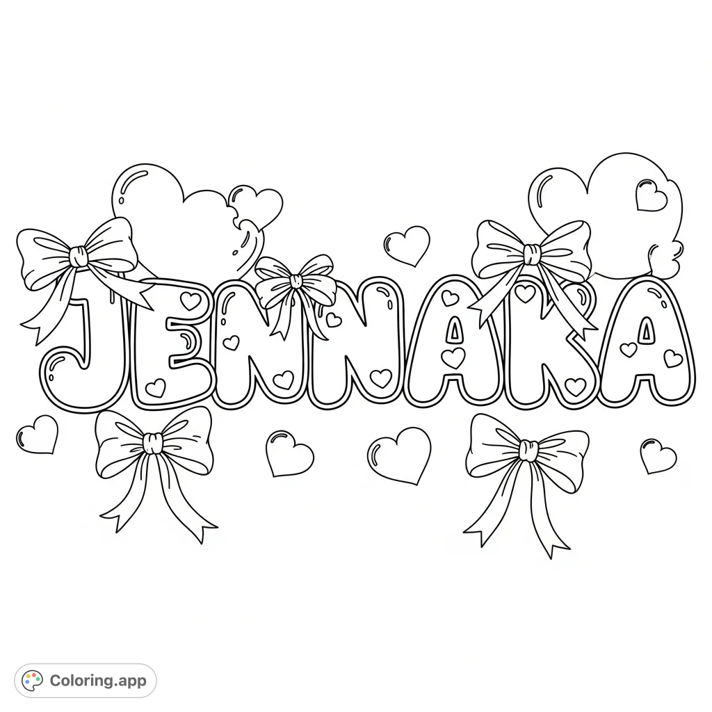 Discover a charming Jennaka coloring page featuring her name in bubble letters, adorned with playful hearts and delicate bows. A fun, personalized activity for all ages!