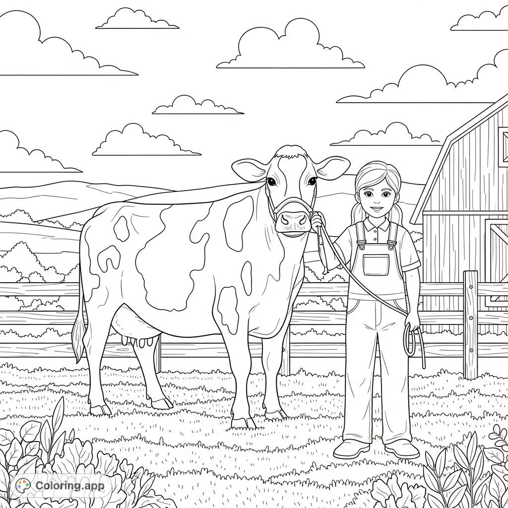 A heartwarming scene featuring a young girl proudly showing her dairy cow on a farm. Perfect for animal lovers and those who enjoy rural charm.