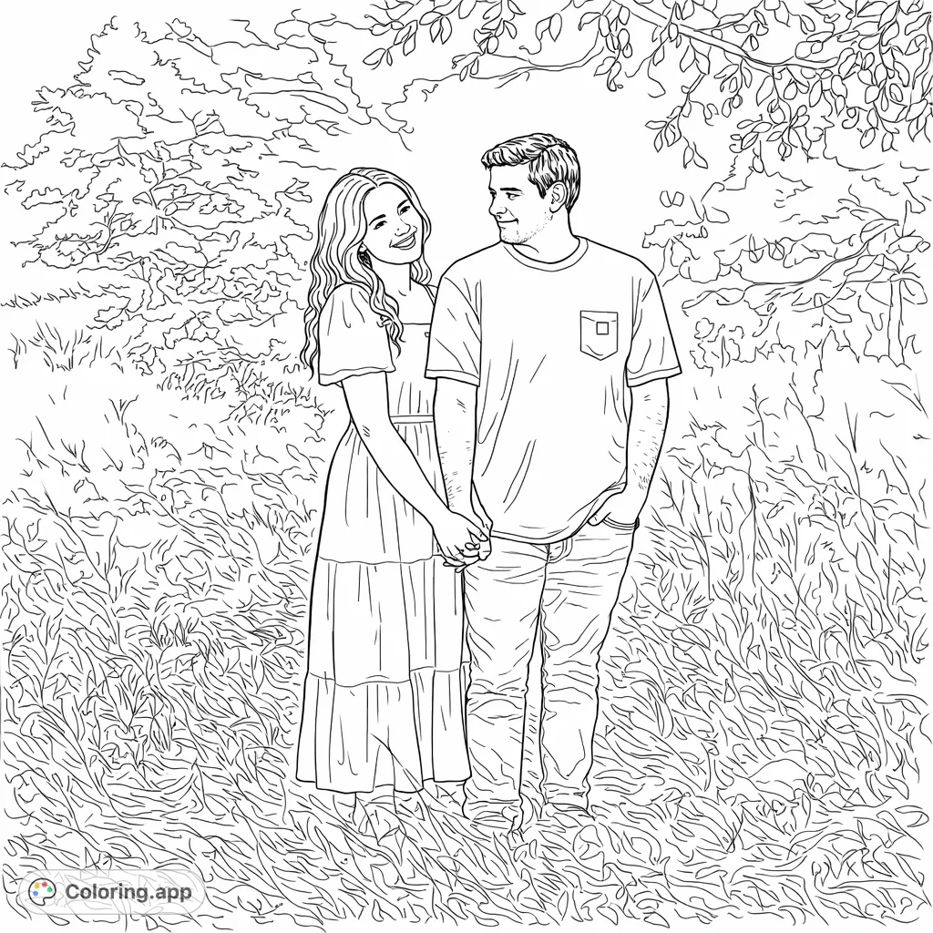 Capture a tender moment with this couple holding hands in a rustic field, surrounded by nature's beauty. A heartwarming scene ready for your creative touch.