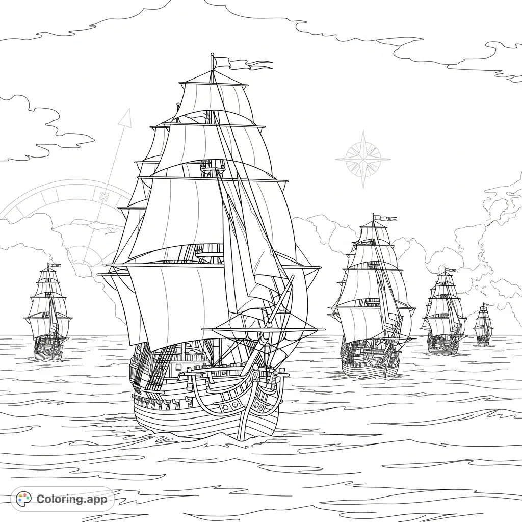 Depicts merchant sailing ships on a historical trade route during an era of imperialism. Rich details for a captivating coloring experience.