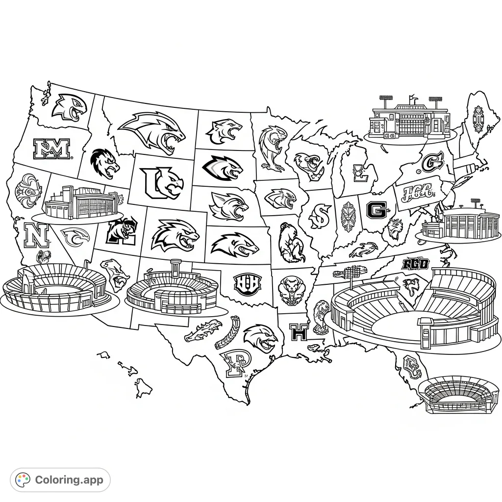 S. map adorned with detailed college sports team logos and iconic stadium structures.