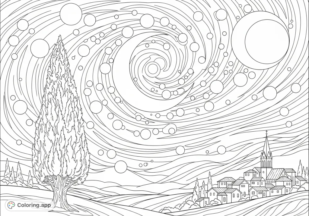Immerse yourself in a captivating starry night coloring page. Features a swirling celestial sky, a majestic cypress, and a peaceful village below.