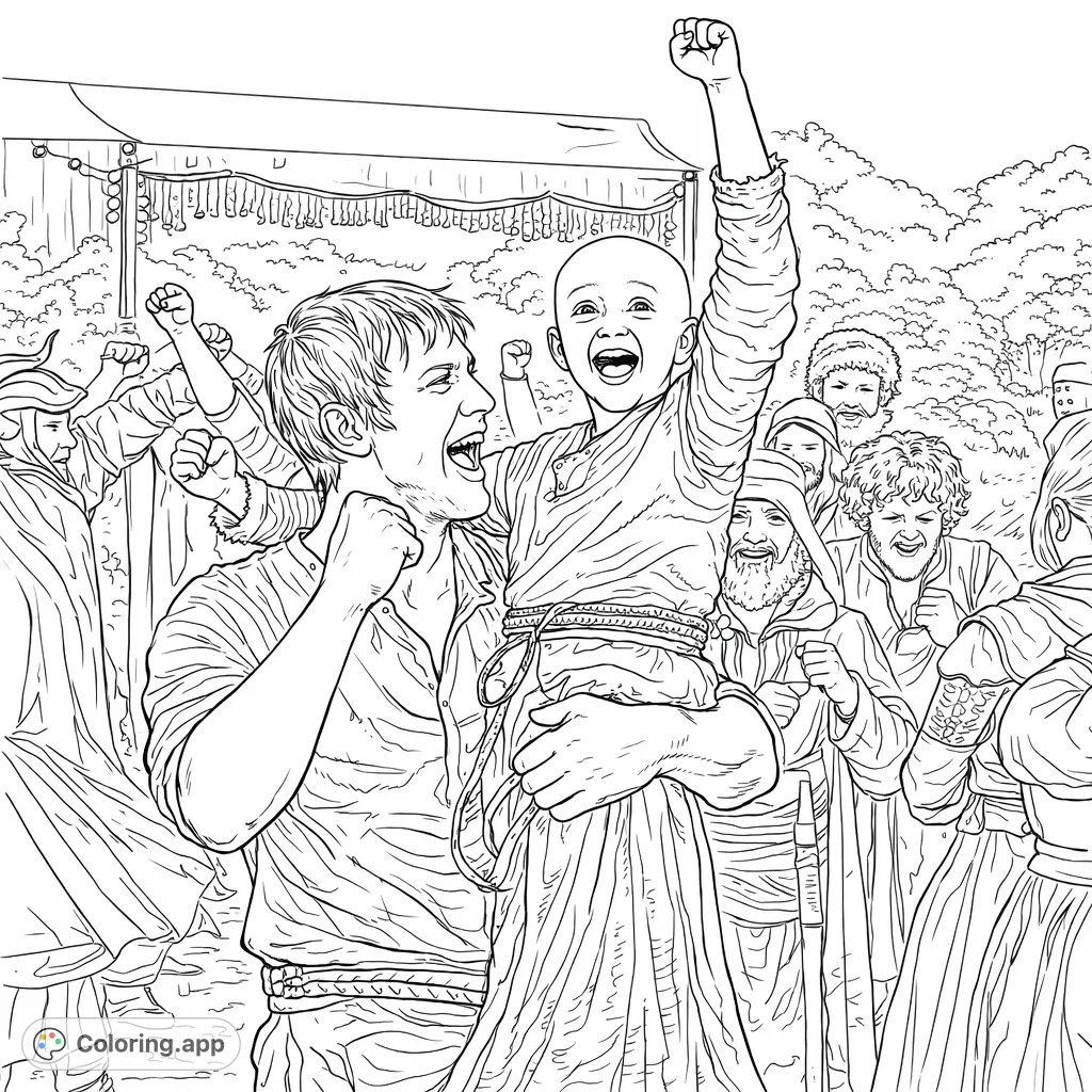 Experience pure joy with this celebratory scene! A strong adult lifts a happy child, surrounded by an excited crowd.