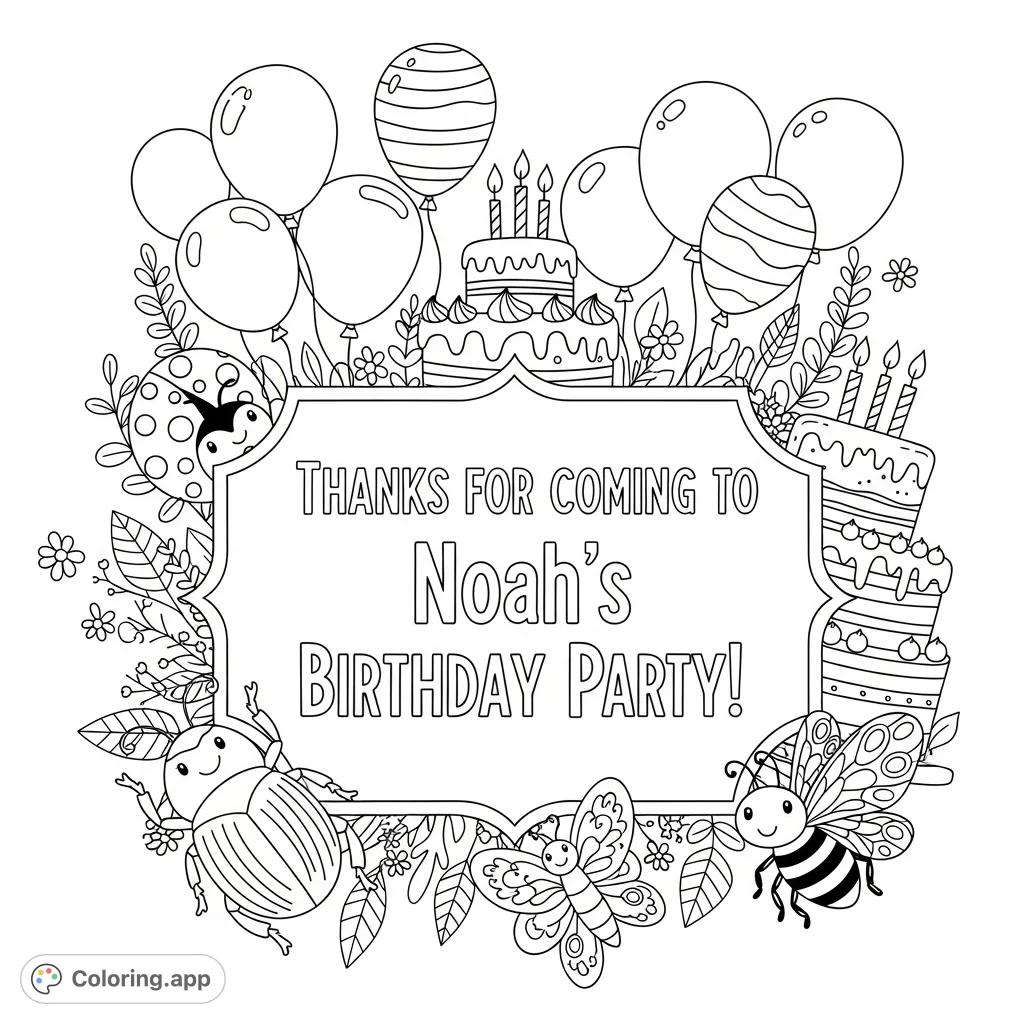 A delightful thank you message for Noah's birthday party, surrounded by playful balloons, a festive cake, and charming bugs and insects. A fun coloring page!