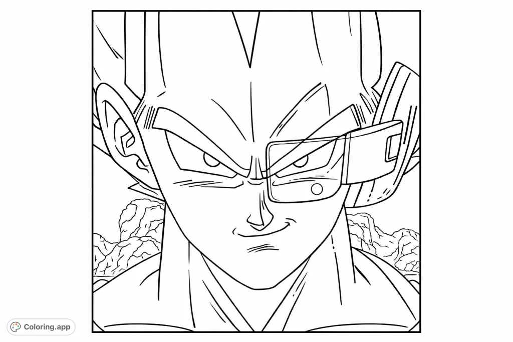 An intense close-up of a powerful anime warrior with spiky hair and a scouter device, ready for action against a rugged, open landscape backdrop.