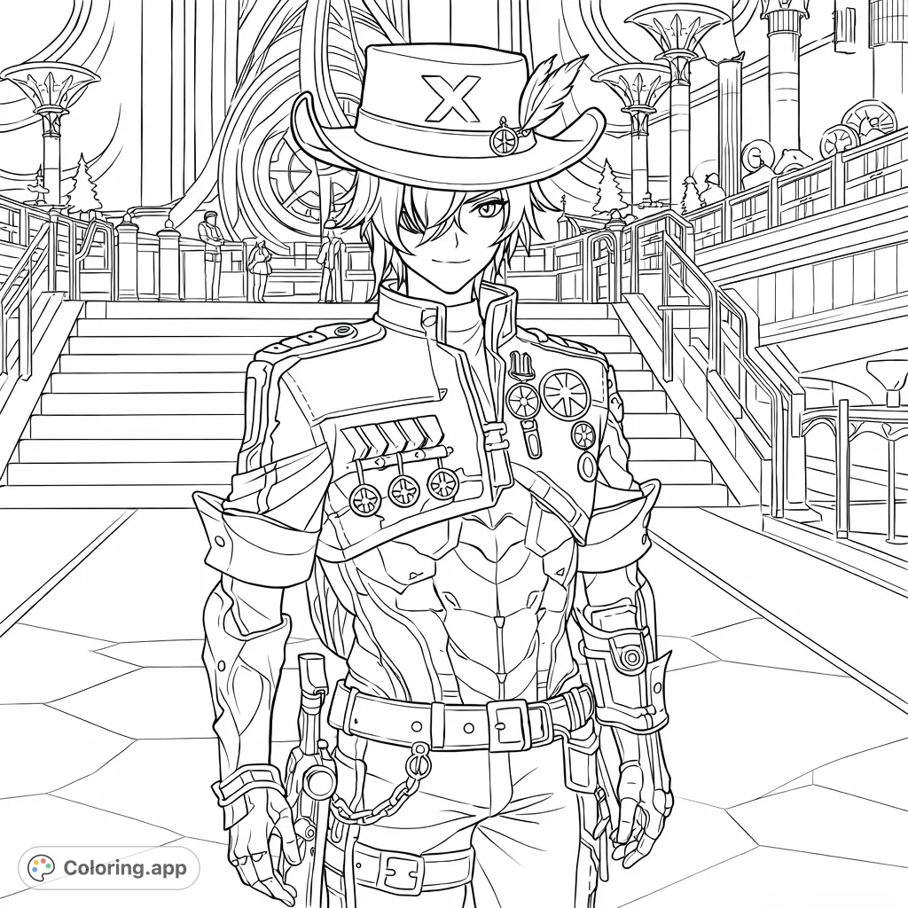 Color a stylized character in a detailed cowboy hat, intricate jacket, and advanced armor. Explore a grand, futuristic hall background.
