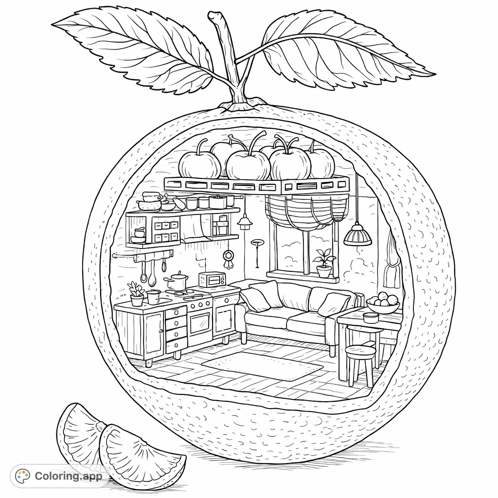 Explore a charming, intricate miniature home nestled inside a giant fruit, complete with a cozy living room, detailed kitchen, and delightful tiny features.