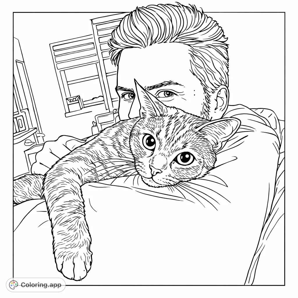 Capture the tender moment between a man and his beloved tabby cat. A heartwarming pet bonding coloring page for all ages to enjoy.