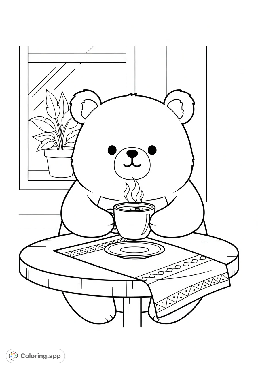 An adorable kawaii bear enjoys a warm cup of coffee at a cozy table, perfect for a relaxing coloring experience. Simple and charming.