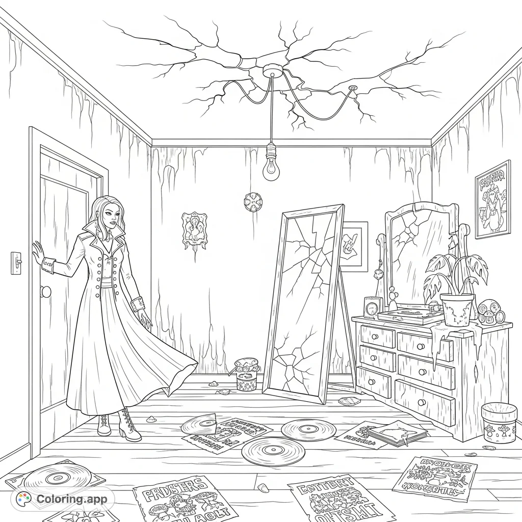 Explore a detailed gothic grunge bedroom coloring page featuring a lady at the doorway, strewn records, a broken mirror, and distressed decor.