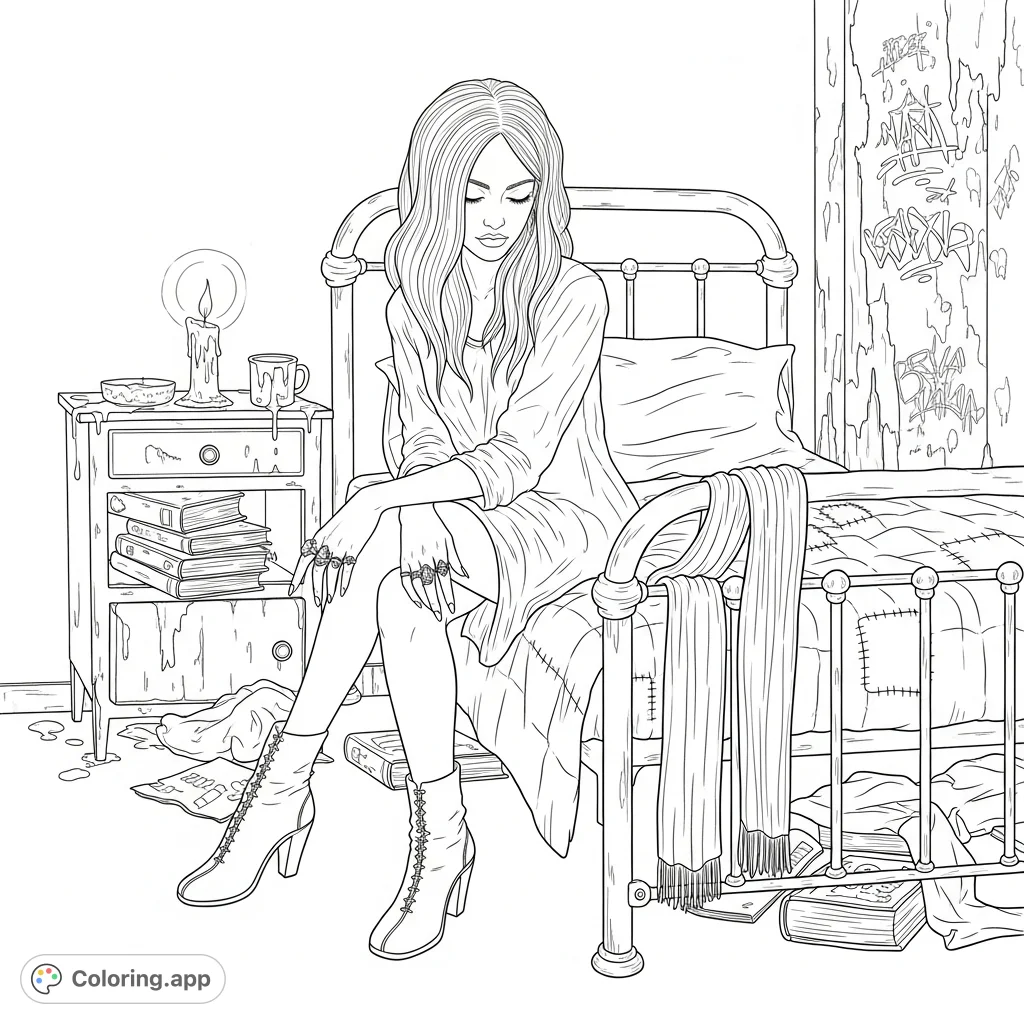 A gothic lady sits on a worn bed in a cluttered room, adorned with intricate rings. This detailed coloring page offers a contemplative scene for creative expression.
