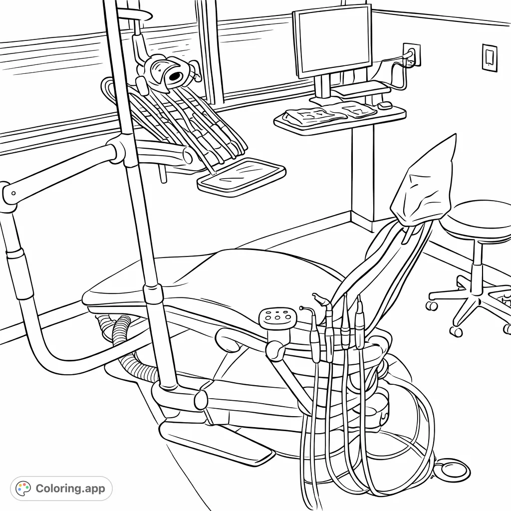 Step into a modern dental office with this detailed coloring page, featuring a dental chair, instruments, and computer setup. Perfect for aspiring dentists or professionals.