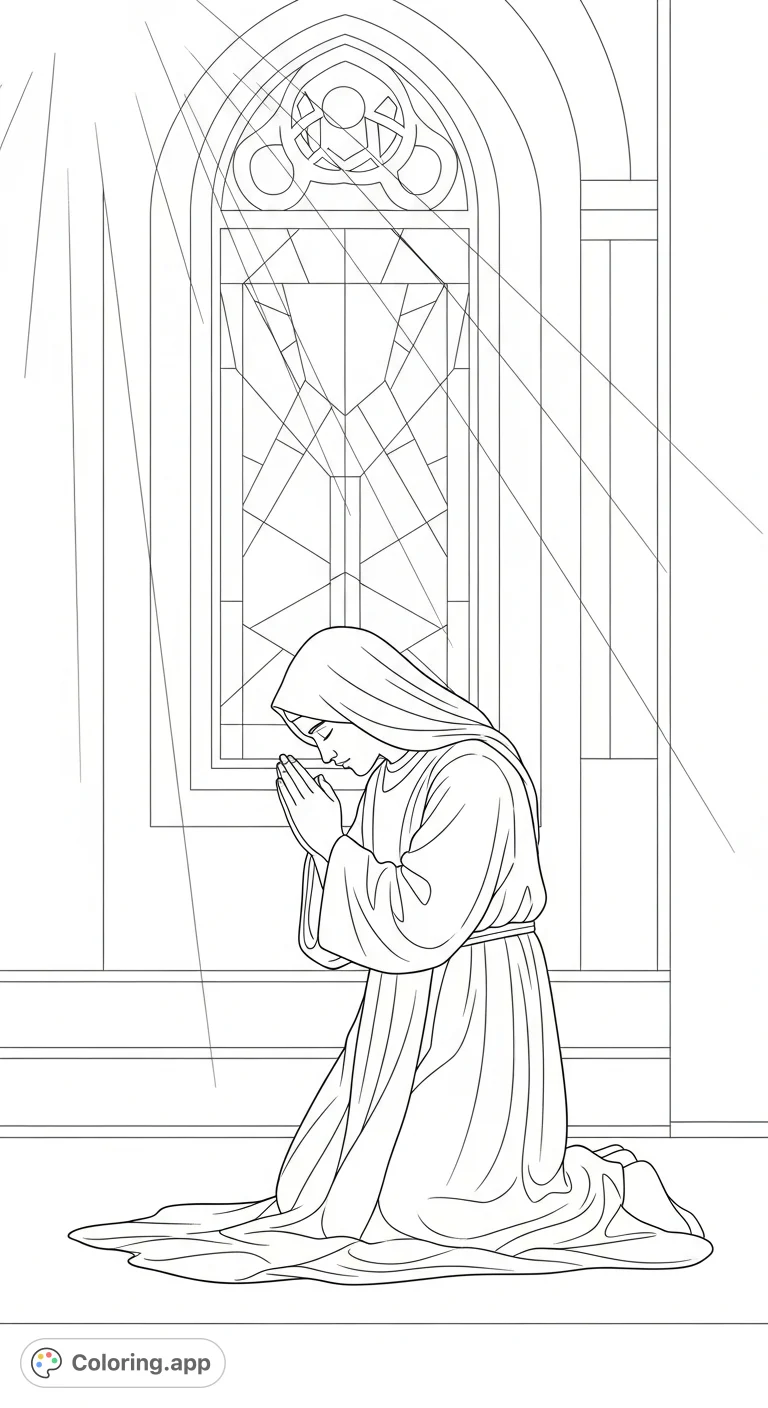 An inspiring coloring page depicting a person in prayer, illuminated by divine light, symbolizing guidance and faith. Perfect for reflection and spiritual calm.